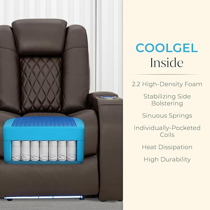 Seatcraft Diamante Zero-Gravity CoolZero Italian Leather Home Theater Seating, Power Headrest, Power Recline, Single Recliner, Brown