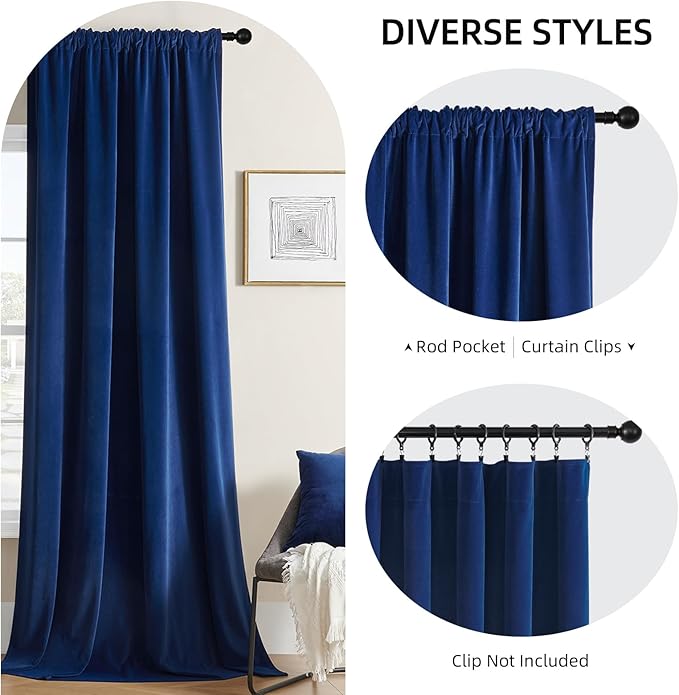 Joydeco Blue Velvet Curtains 96 inch Length 2 Panels Burg Set, 95 Curtains Luxury Rod Pocket Thermal Insulated Window Blackout Curtain, Room Darkening Drapes for Living Dining Room Bedroom Privacy