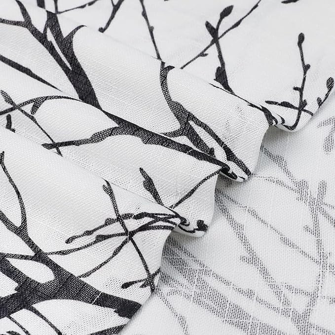 FMFUNCTEX Linen Semi Sheer Curtains for Bedroom, Black White Curtains 45 Inches Long for Living Room, Grey Tree Branch Patterned Curtain Light Filtering Kitchen Window Drapes, Grommet Top 2 Panels