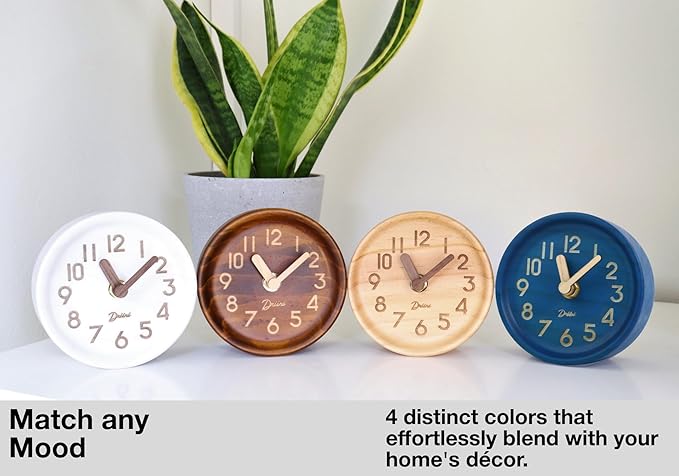 Driini Wooden Analog Desktop Clock – 4.3 in. Decorative Pinewood, No-Tick Design – Easy to Read Silent Sweep Mantle Clock – Quiet Tabletop Clocks with Wood Body, Hands, & Battery Cover; Blue