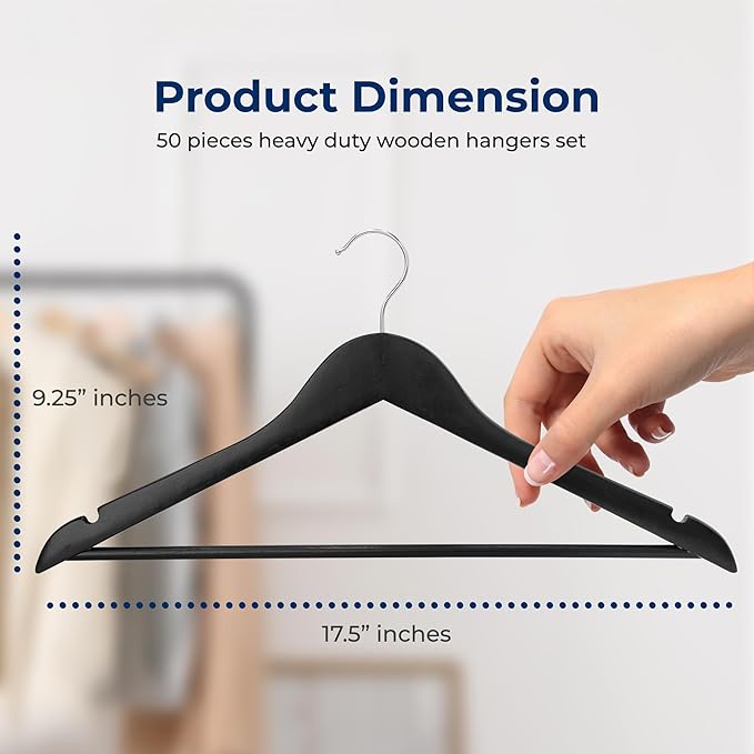 SereneLife 50-Pack Wooden Coat Hangers – Durable Suit Hangers with 360° Swivel Hook & Notches – Slim Design for Shirts, Jackets, Dresses, and More (Black)