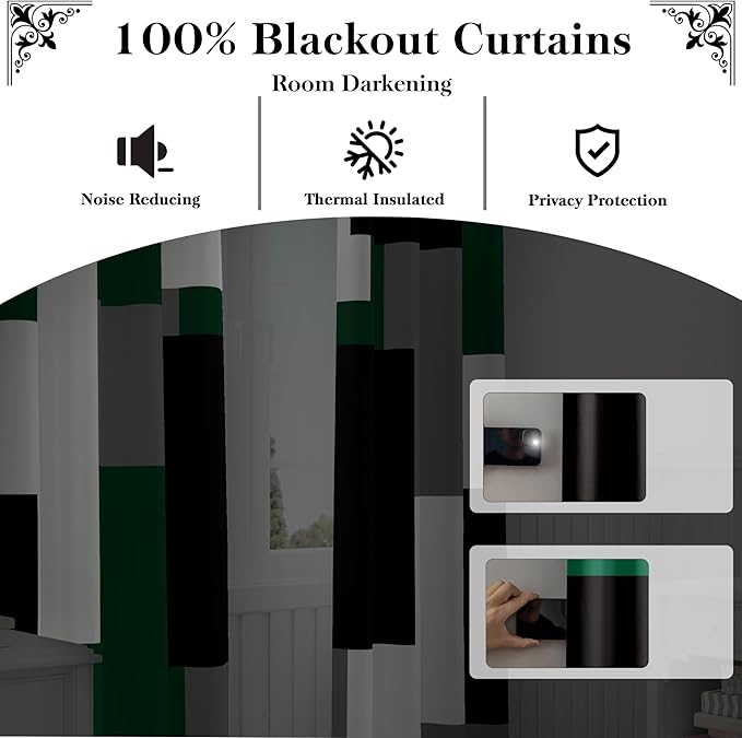 Green 100% Blackout Curtains for Bedroom 63 inch Length 2 Panels Set White Grey Modern Abstract Geometric Black Out Curtains Insulated Room Darkening Window Drapes for Living Room, 42Wx63L