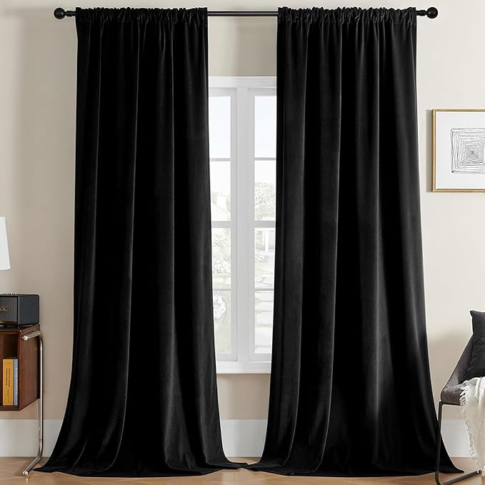 Joydeco Black Velvet Curtains 84 inch Length 2 Panels, Luxury Blackout Rod Pocket Thermal Insulated Window Curtains, Super Soft Room Darkening Drapes for Living Dining Room Bedroom,W52 x L84 inches