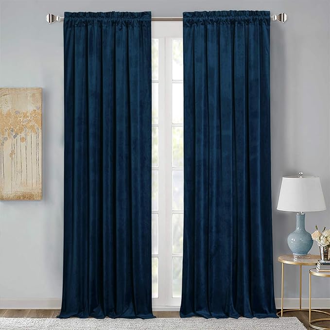 StangH Navy Blue Curtains for Living Room, Luxury Velvet Blackout Thermal Insulated Sliding Door Curtains Heavy Thick Privacy Drapes Home Decor for Office/Bathroom, W52 x L90, 2 Panels