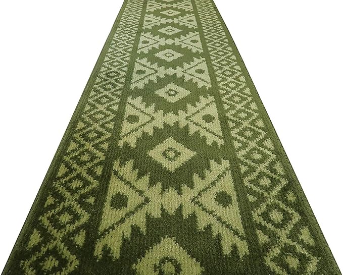 Custom Length Hallway Runner Rug,Slip Resistant,Southwestern Green, 26 Inch X 18 feet, Sold and Priced Per Foot