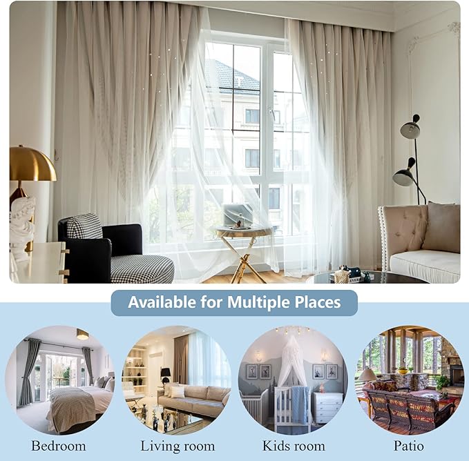Star Double Layer Blackout Curtains for Bedroom & Kids, Cute, 108 Inches Long, 2 Panels Set, Beige, 42 X 108 Inches