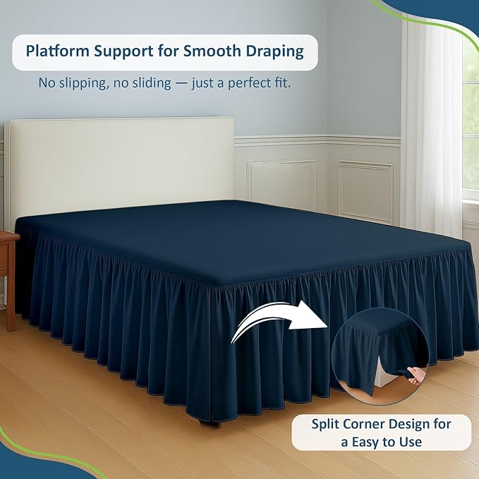 Rajlinen Ruffled Bed Skirt Full, 15 Inch Drop Dust Ruffle with Split Corners, 100% Microfiber Bedskirt with Platform, Three-Sided Coverage Ruffled Gathering Design, Navy Blue