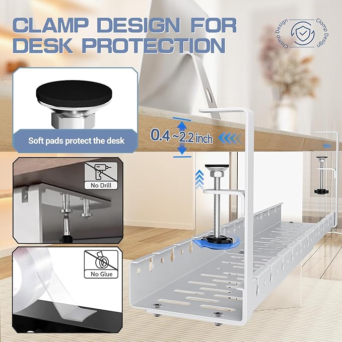 Shikha Under Desk Cable Tray, 15.7"-30.7" Retractable Under Desk Cable Management, No Drilling Cord Organizer with Clamp, Wire Management for Home Office -White