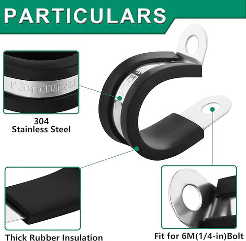 10pcs 1-3/4 Inch Stainless Steel & Rubber Coated Cushioned Insulated Cable Clamps, Automotive Pipe & Wire Clamps, Black
