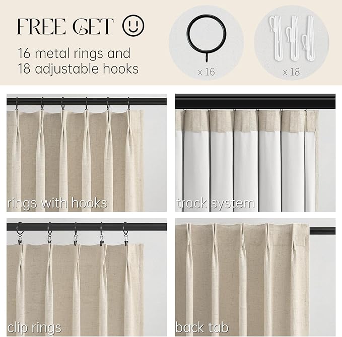 Topfinel Beige Curtains 96 Inch Long, Cream Pinch Pleated 100% Blackout Thermal Insulated Natural Linen Pinch Pleat Viral Drapes with Hooks Rings 2 Panel Sets, Burlap Flax 8FT Back Tab Curtains