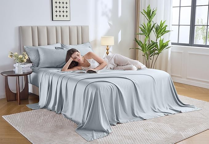 Pure Bamboo King Sheets, Genuine 100% Organic Viscose Derived from Bamboo Bed Sheet Set, Luxuriously Soft & Cooling, Double Stitching, 2 Year Quality Promise (King, Glacier)