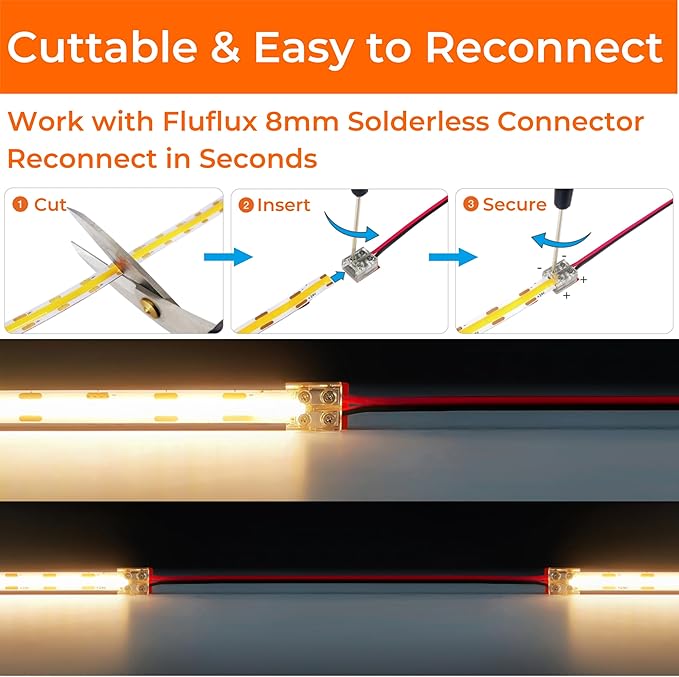 3000K COB LED Strip Lights Warm White, 24V DC Premium Tape Light with Strong 3M VHB Tape, CRI 95, UL Listed, Cuttable, Dimmable, for Panels, Artwork, Highlighting (NO Power Supply)