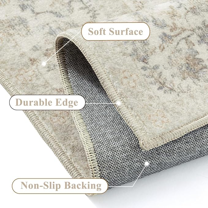 3x5 Taupe Area Rug Non Slip Vintage Office Entryway Rug Distressed Machine Washable Kitchen Carpet Traditional Retro Floral Accent Throw Door Mat for Bedroom Bathroom Dining Living Room