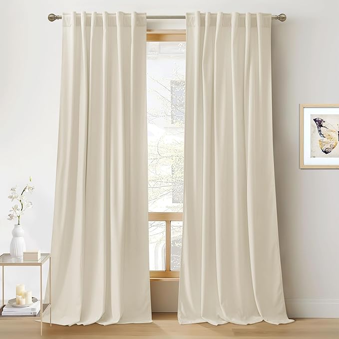 RYB HOME Beige Velvet Curtains 100 inches, Back Tab Soft Fabric Room Darkening Thermal Insulated Luxurious Home Decor Curtains for Living Room Bedroom, W 52" x L 100", 2 Panels Set