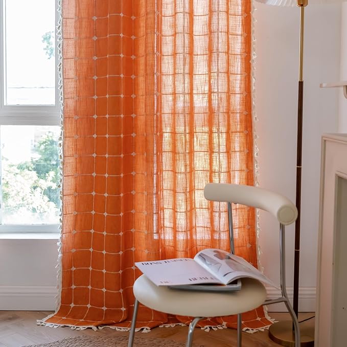 Sutuo Home Boho Curtains Plaids for Nursery, Bohemian Semi Blackout Linen Country Tassels Window Treatment Embroidery Drape for Fall Halloween Decor, Rod Pocket 1 Panel 52" W x 72" L, Burnt Orange
