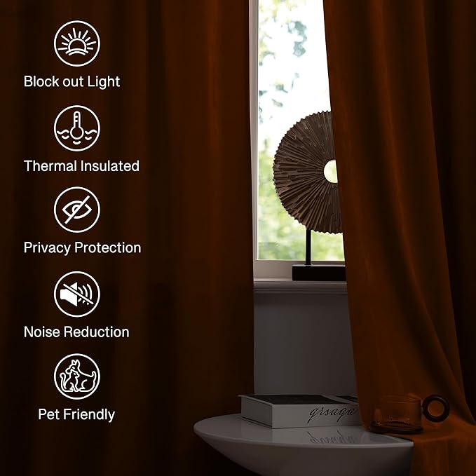 StangH Fall Burnt Orange Velvet Curtains Rod Pocket Room Darkening Drapes for Bedroom, Solid Blackout Energy Efficient Panels for Kitchen Window/Nursery, W52 x L63, 2 Panels