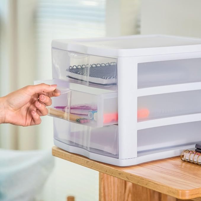 Sterilite 4-Pack 3 Drawer Unit, Plastic Desktop Organizer with Clear Drawers, White Frame - Stackable Multi-Purpose Storage for Office Supplies, Craft Rooms, Classrooms and Home Organization