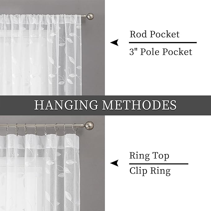 Tollpiz White Leaf Sheer Curtain Leaves Embroidered Bedroom Short Curtains Rod Pocket Voile Window Treatments for Living Room, 38 x 45 inches Long, Set of 2 Panels