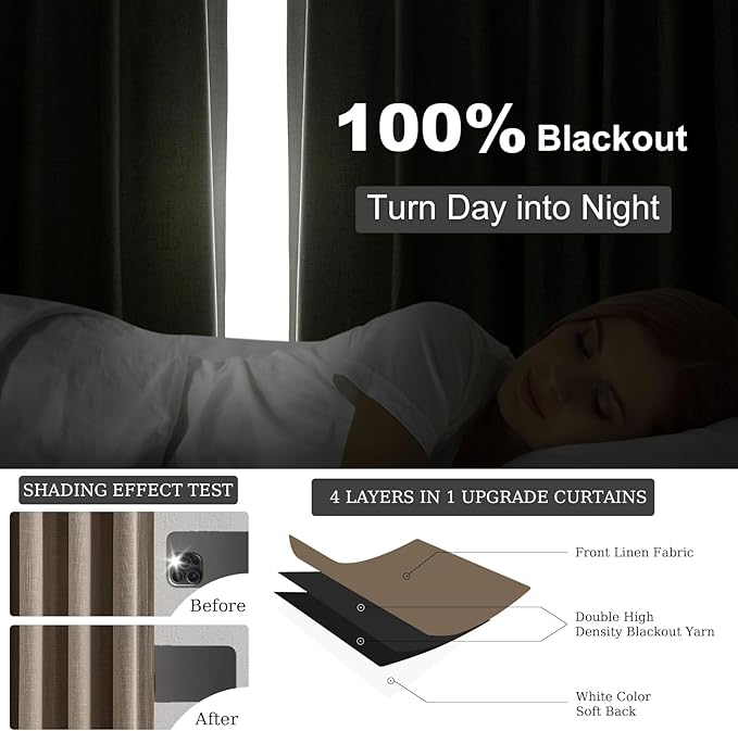 Topfinel Greige 90 Inches Long Blackout Natural Linen Curtains for Bedroom, Chocolate Brown Pinch Pleat Sound Blocking Curtains, Neutral Farmhouse Lined Drapes 2 Panels for Living Room Sliding Door