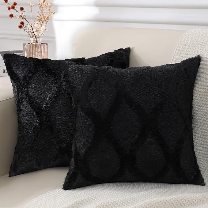 decorUhome Spring Throw Pillow Covers 20x20 Inch Set of 2, Soft Plush Faux Fur Wool Black Couch Pillow Covers, Decorative Neutral Pillow Cases for Bed Sofa Living Room Home Decor