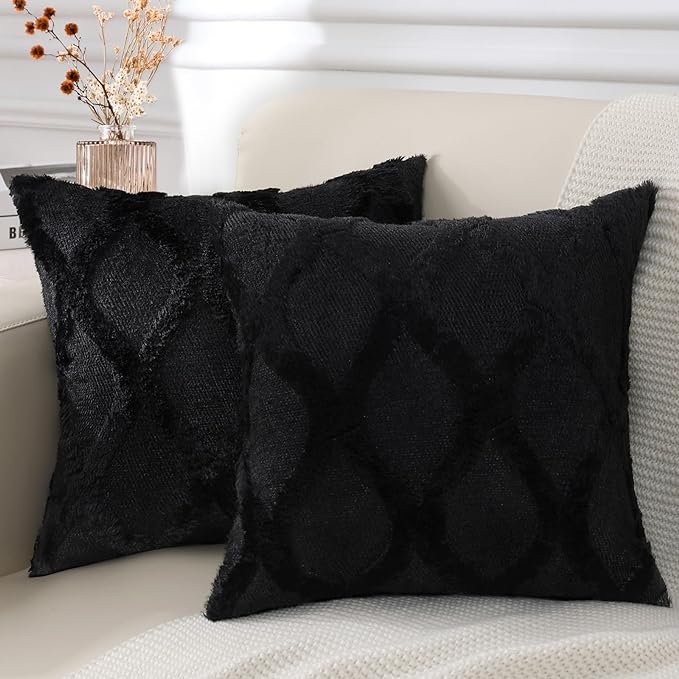 decorUhome Spring Euro Sham Throw Pillow Covers 22x22 Inch Set of 2, Soft Plush Faux Fur Wool Black Couch Pillow Covers, Decorative Neutral Pillow Cases for Bed Sofa Living Room Home Decor