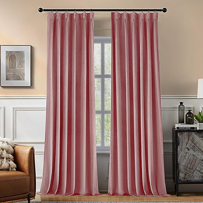 Pinch Pleated 100% Blackout Curtains for Bedroom, Pink Velvet Curtains for Living Room, Black Out Curtain 102 inch Long Room Darkening, Blackout Pinch Pleat Drapes with Hooks 2 Panels