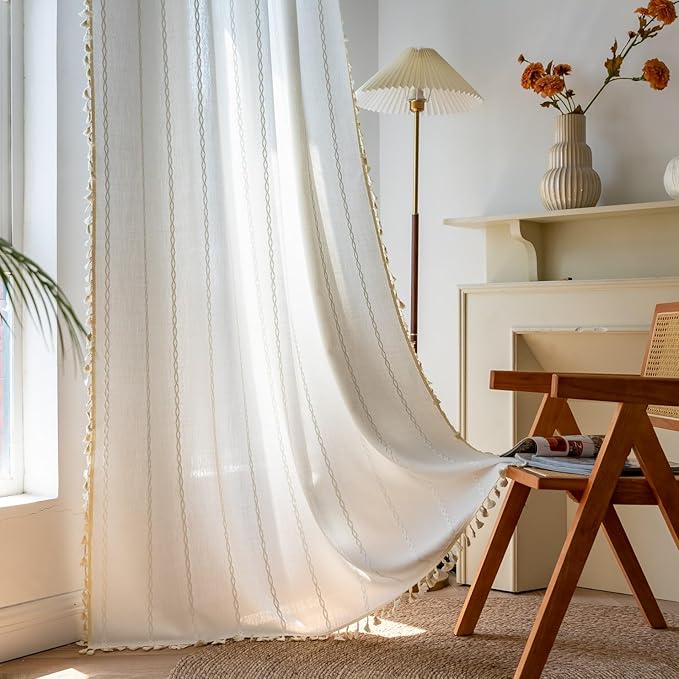 Sutuo Home White Boho Curtains, Bohemian 1 Panel 108 inches Extra Long for Bedroom Living Room Nursery Patio Christmas Decor, Vintage Country Striped Farmhouse Window Treatment, 52" W x 108" L