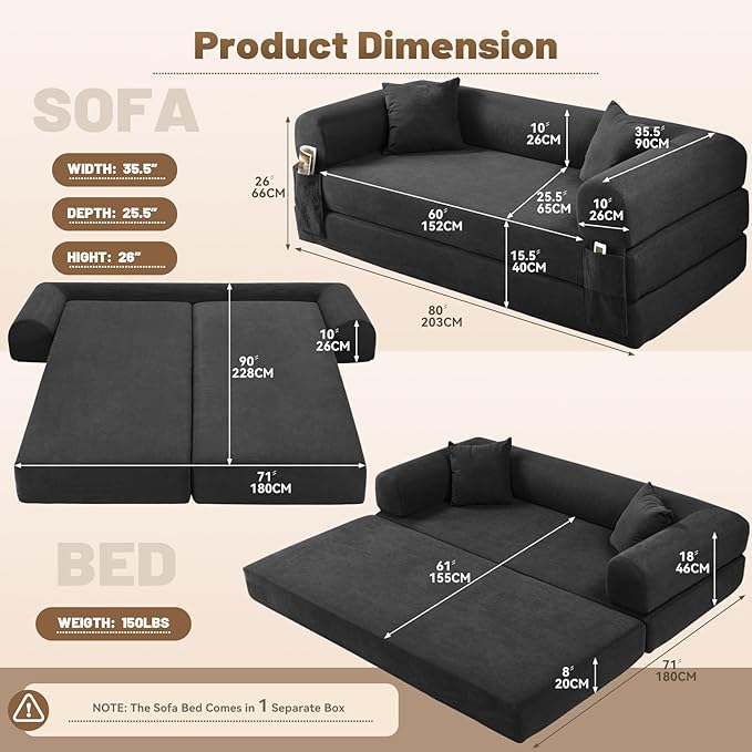 Convertible Futon Sofa Bed,80" Folding Pull Out Couch Bed with Pillows & Storage,Queen Sleeper Sofa Bed,Compressed Couch in a Box,Corduroy Boneless Couches for Living Room,Deep Gray