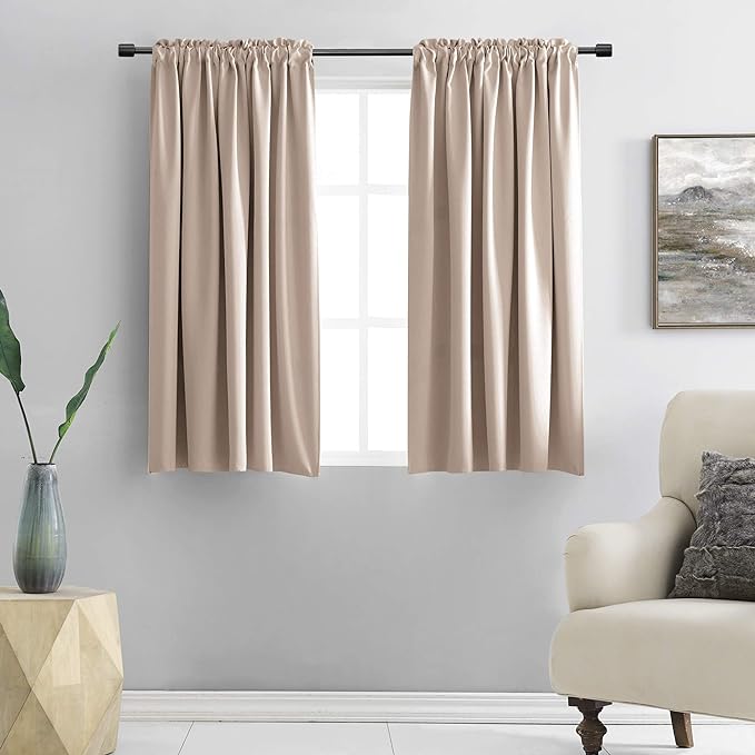 DONREN 48 Inch Curtains for Boy's Room - Blackout Thermal Insulated Window Drapes with Rod Pocket for Short Windows (2 Panels,52 x 48 Inch,Taupe)