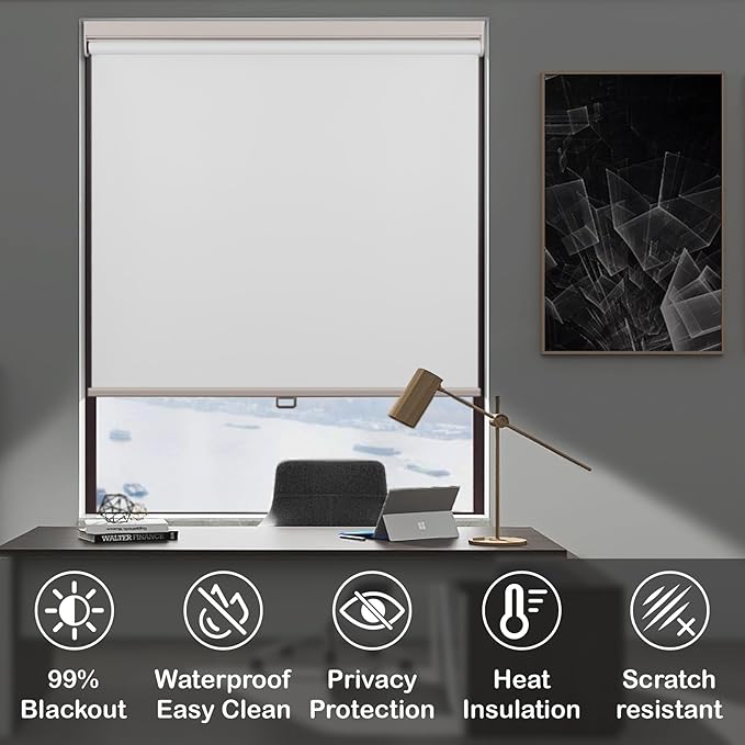 HESTIA No Drill Cordless Blackout Roller Shades Screwless Waterproof Shower Window Blinds, Auto-Retraction Easy Install Blind for Bathroom/Kitchen/Office/Exterior, White, 24.5" W x 54" H