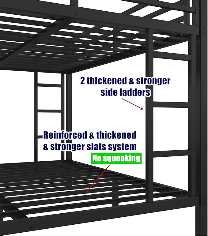 Higher Quality & Stronger Heavy Duty Metal Bunk Bed Frame Queen Over Queen Size for Adults Teens, Thickened More Stable Steel Bunkbed (Queen Over Queen-A)