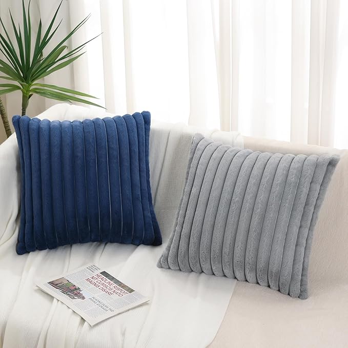 Pallene Faux Fur Plush Throw Pillow Covers 20x20 Set of 2, Luxury Soft Fluffy Striped Decorative Pillow Covers for Sofa, Couch, Living Room, Navy Blue