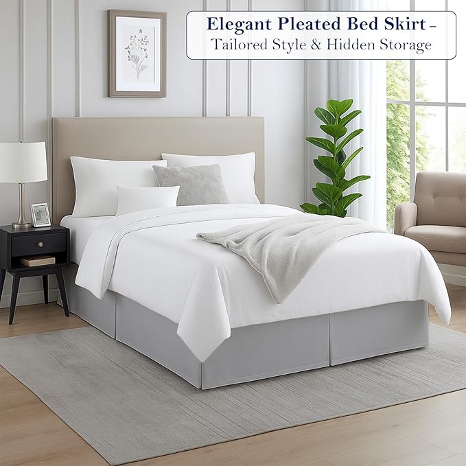 Twin Bed Skirt, Luxury 12 Inch Drop Light Grey Pleated Bed Skirt, Double Brushed Microfiber, Box Pleat Design, Wrinkle & Fade Resistant, Easy Fit Tailored Bedskirt for Twin Size Beds