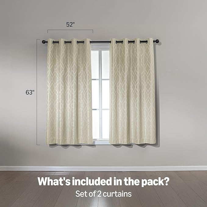 Amazon Basics Jacquard 2-Piece 100% Blackout Curtains, Living Room and Bedroom Drapes, Thermal Insulated Window Treatment, 52"x63", Beige