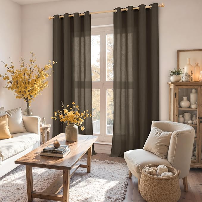 YoungsTex Brown Linen Semi Sheer Curtains 90 Inches Length for Living Room, Light Filtering Drapes Privacy with Grommet Decorative for Home Office Dining Room Bedroom, 2 Panels, 52 X 90 Inch