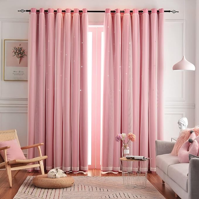 Stars Double Layer Blackout Curtains for Bedroom Kids, 72 Inches Long 2 Panels Set, Pink, 52 X 72 Inches