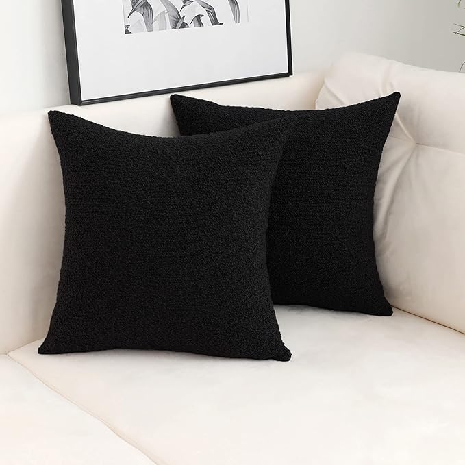 Jeneoo Black Decorative Square Thick Throw Pillow Covers Fine Textured Boucle Couch Cushion Case for Sofa Decor, Set of 2, 20 x 20 Inch