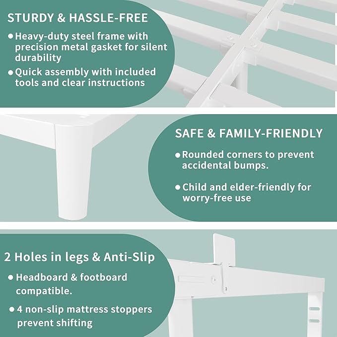 ITIMIDI 10 Inch White Bed Frame Queen, Queen Size Metal Platform Bed Frames with Metal Gaskets, Heavy Duty Steel Support 3000 LBS, No Box Spring Needed, Anti-Slip Mattress Stopper, Easy Assembly