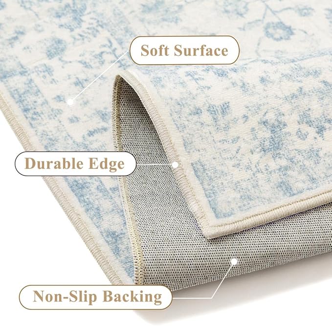 2x6 Blue Runner Rug Hallway Non Slip Kitchen Vintage Distressed Long Carpet Indoor Machine Washable Retro Floral Bedroom Accent Throw Rug for Office Laundry Bathroom Dining Living Room