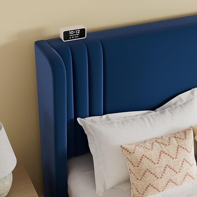 SHA CERLIN Full Size Velvet Upholstered Platform Bed Frame with Vertical Channel Tufted Wingback Headboard, Wooden Slats Support, Easy Assembly, Under Bed Storage, No Box Spring Required, Blue