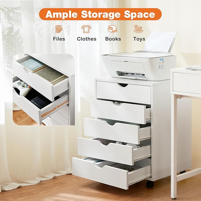 5 Drawer Chest, Storage Cabinet Dressers with Wheels, Dressers Storage Cabinets, Dresser Mobile Cabinet with Wheels, Room Organizer, Drawers Wood Organization Furniture for Office, Home, White
