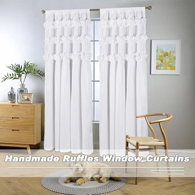 White Blackout Drapes - Handmade Ruffles & Butterfly Flower Accents Heat Blocking Window Curtain 52" W x 96" L (Pair) - Thermal Insulated, Soundproof & Light Reducing Curtains (LQ-37)