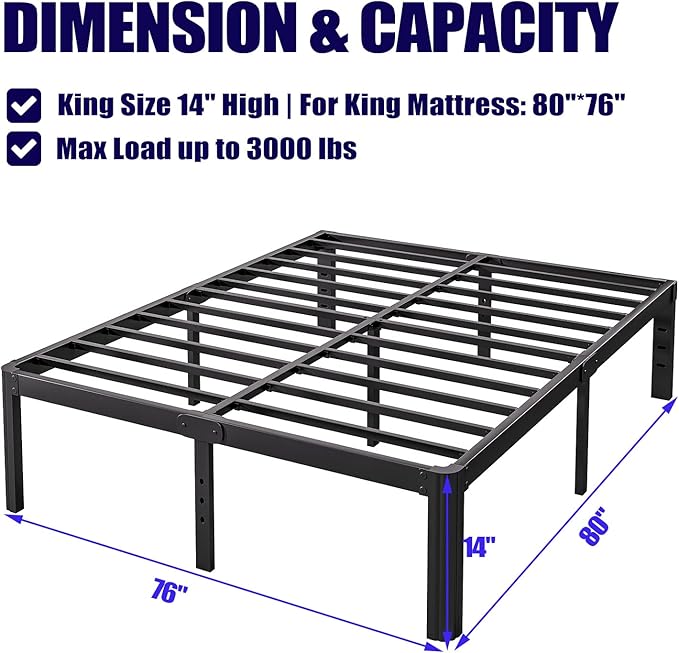 Hunlostten 14in High King Bed Frame No Box Spring Needed, Heavy Duty King Platform Bed Frame with Round Corners, Easy Assembly, Noise Free, Black