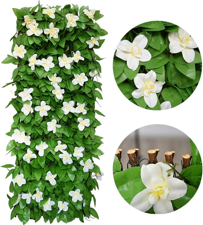 Sumery Expandable Fence Privacy Screen for Balcony Patio Outdoor,Decorative Faux Ivy Fencing Panel,Artificial Hedges (Single Sided Leaves) (2, White Flowers)