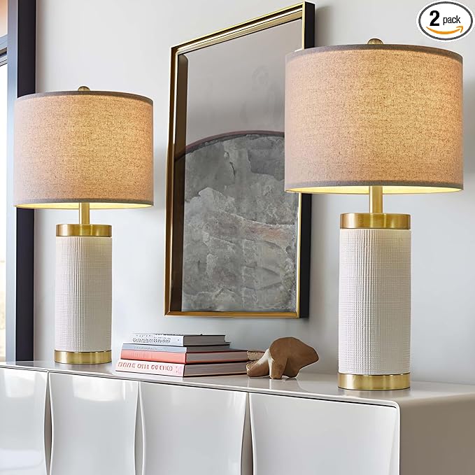 24.5" Modern Ceramic White Bedside Lamp for Bedroom Decor Farmhouse Table Lamp for Living Room Office Dorm
