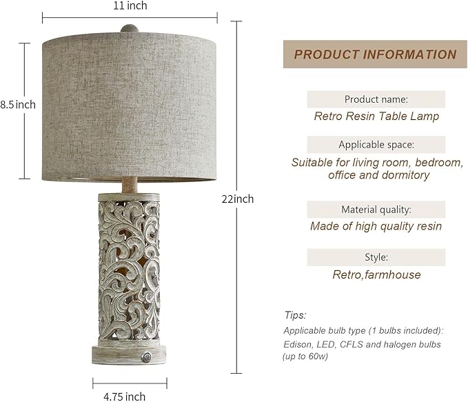 OYEARS 3-Way Dimmable 22'' USB A+C Touch Control Table Lamp with Nightlight for Living Room Bedroom Farmhouse Bedside Nightstand Lamps (Bulb Included)