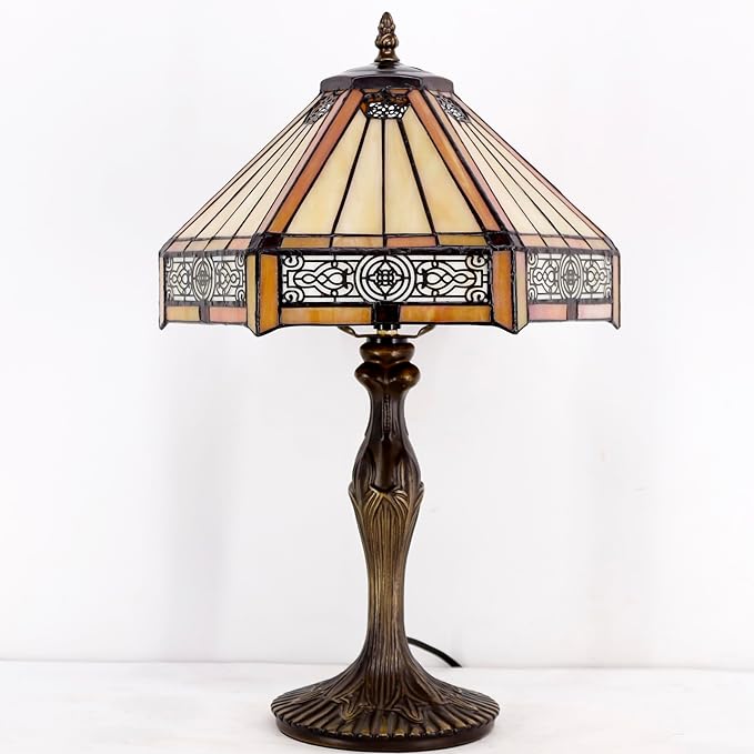 WERFACTORY Tiffany Lamp Yellow Hexagon Stained Glass Mission Style Table Lamp Desk Bedside Reading Light 12X10X18 Inches Decor Bedroom Living Room Home Office S011 Series