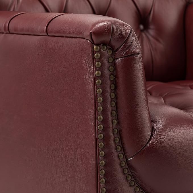 HULALA HOME Mid Century Modern Leather Club Chairs, Top-Grain Genuine Leather Armchairs with Button-Tufted Back & Solid Wood Legs, Accent Chairs for Living Room/Bedroom/Home Office, Burgundy