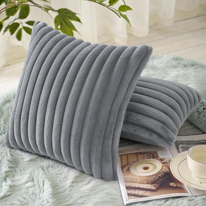 decorUhome Faux Fur Spring Throw Pillow Covers 16x16 Set of 2, Decorative Soft Plush Striped Neutral Couch Pillow Covers with Velvet Back for Sofa, Bed, Living Room Home, Grey