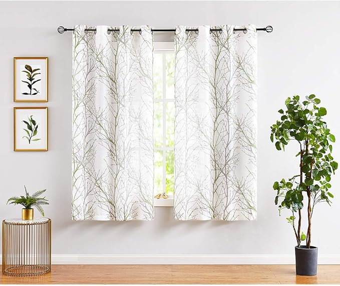 FMFUNCTEX Linen Semi Sheer Curtains for Bedroom, Sage Green White Curtains 45 Inches Long for Living Room, Grey Tree Branch Print Curtain Light Filtering Kitchen Window Drapes, Grommet Top 2 Panels